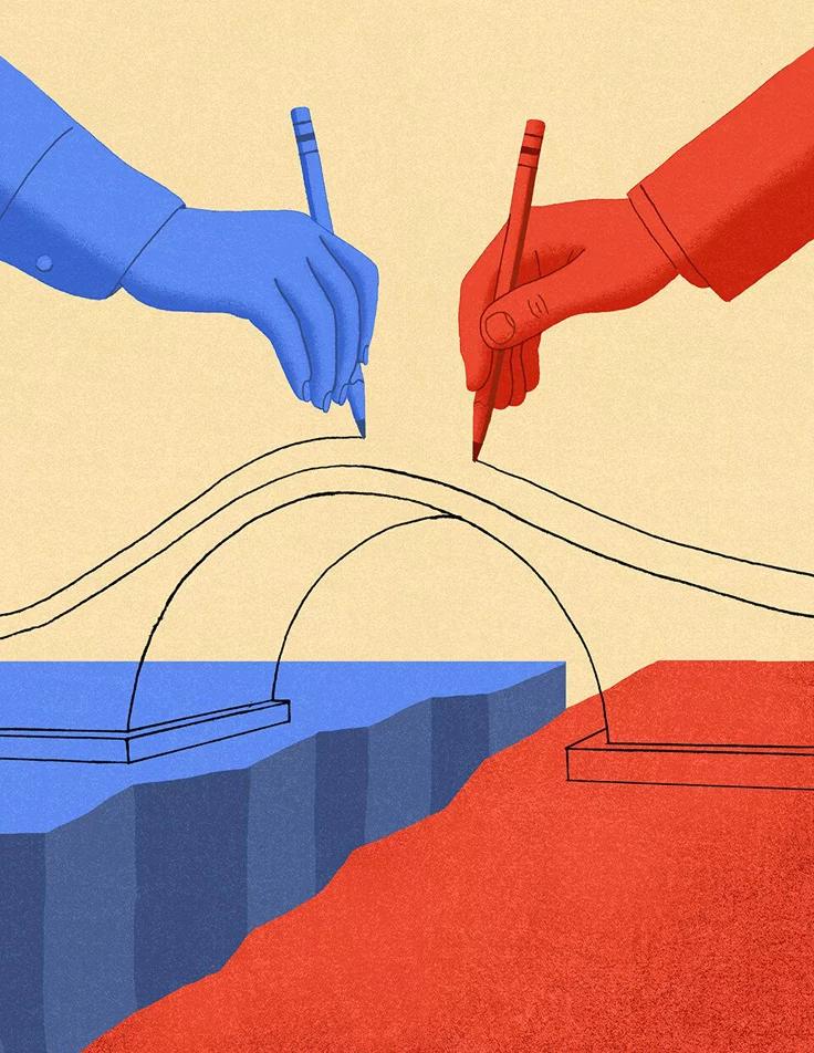 Un pont dessiné par dessus un fossé séparant une terre bleue d'une terre rouge