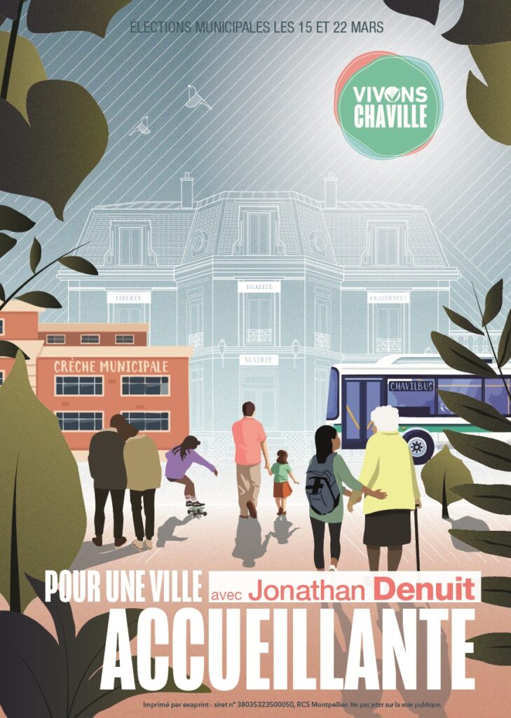 Une image de Chaville avec la mairie, une crèche municipale, le Chavilbus, et un couple, un parent avec son enfant, une ado qui aide une personne âgée.